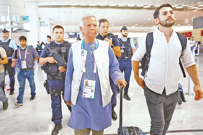 Dr. Muhammad Yunus at Charles de Gaulle Airport before leaving France for Bangladesh on 7 August 2024